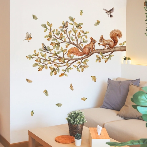 Watercolor Squirrel And Bird Wall Stickers PVC Removable Self Adhesive Tree Branch Oak Leaf Mural Decals For Living Room