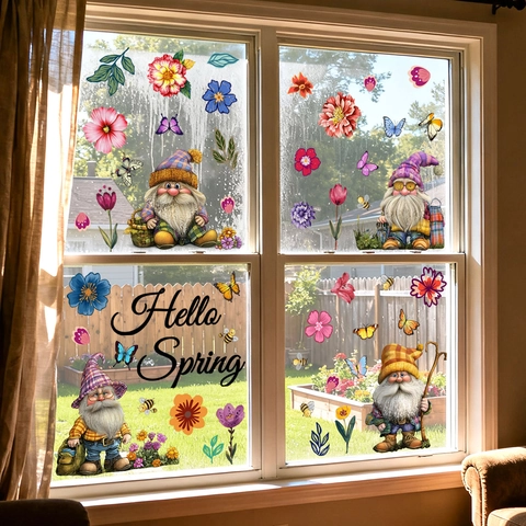 Frühling Gnome Fensteraufkleber Blumen Schmetterling Biene Statische Haftung Aufkleber Doppelseitig Hello Spring Fenstersticker Für Glasfenster Haus Deko
