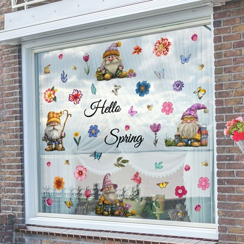 Frühling Gnome Fensteraufkleber Blumen Schmetterling Biene Statische Haftung Aufkleber Doppelseitig Hello Spring Fenstersticker Für Glasfenster Haus Deko