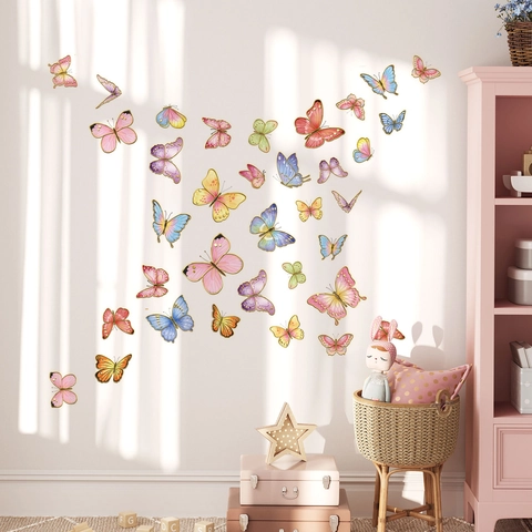 Colorful Butterfly Wall Stickers Gold Stamping PVC Self Adhesive Watercolor Decals For Living Room Bedroom Home Decor