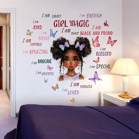 Black Girl Magic Εμπνευσμένα Αυτοκόλλητα Τοίχου Πεταλούδα Κορίτσι Κινουμένων Σχεδίων DIY Παρακίνησης PVC Αυτοκόλλητα για Παιδικό Δωμάτιο