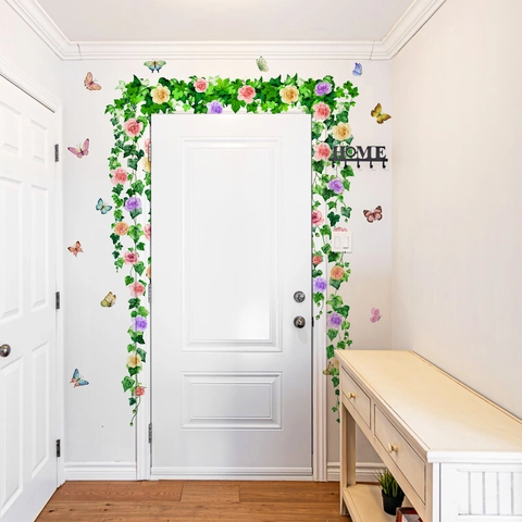 Grandes Pegatinas de Pared de Enredadera de Flores de Rosa y Mariposa de PVC Removibles Autoadhesivas Calcomanías de Pared para Sala de Estar Dormitorio