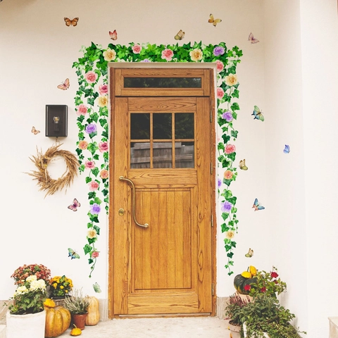 Grandes Pegatinas de Pared de Enredadera de Flores de Rosa y Mariposa de PVC Removibles Autoadhesivas Calcomanías de Pared para Sala de Estar Dormitorio