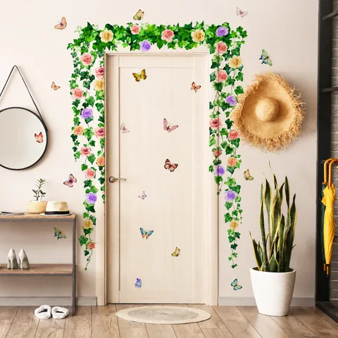 Large Rose Flower Vine Butterfly Wall Stickers Removable PVC Self Adhesive Wall Decals For Living Room Bedroom Door Frame Home Decor