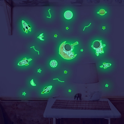 Adesivi da Parete Astronauta Pianeta Fluorescenti Spazio Razzo Stelle PVC Autoadesivi per Decorazione Camera Bambini