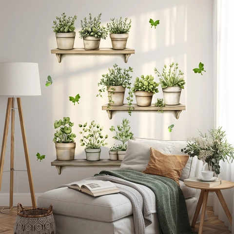 Creative Watercolor Potted Plants Butterflies Wall Stickers Green Leaves Wooden Shelf PVC Decals For Home Room Decoration