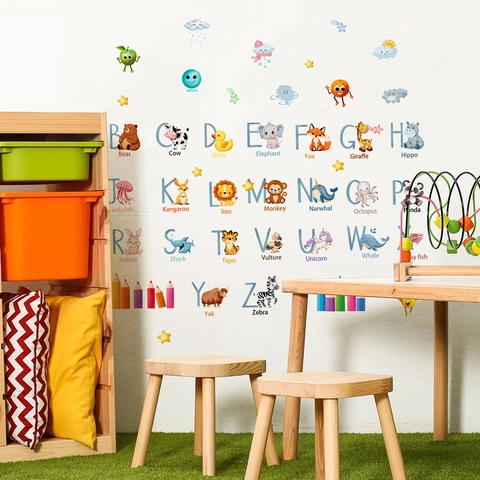 Adesivi Murali Alfabeto Animali E Meteo Per Arredo Cameretta Bambini Lettere Educative Decalcomanie Cartoni Animati Per Scuola