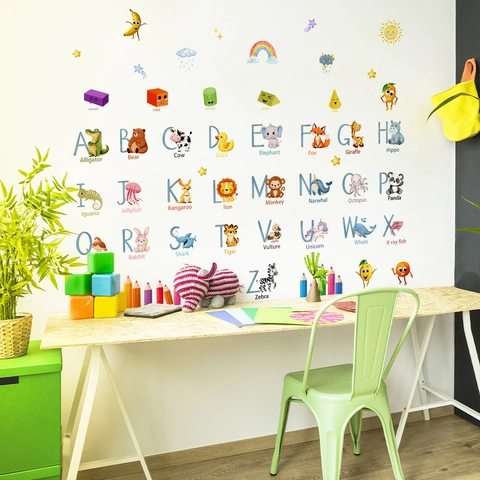 Adesivi Murali Alfabeto Animali E Meteo Per Arredo Cameretta Bambini Lettere Educative Decalcomanie Cartoni Animati Per Scuola