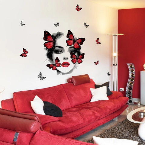 Sticker Mural Artistique Créatif Visage de Femme Avec Papillon Rouge PVC Amovible Décoration Maison Pour Salon Chambre à Coucher
