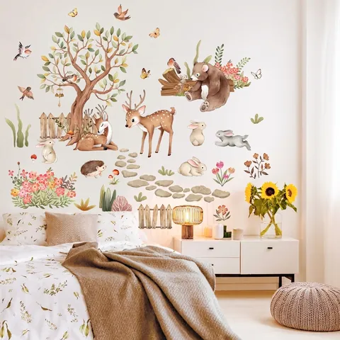 Cartoon Forest Animals Wall Stickers Tree Deer Bear Rabbit Hand Painted PVC Self Adhesive Decal For Kids Room Decor