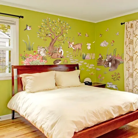 Cartoon Forest Animal Wall Stickers Watercolor Bear Deer Tree PVC Self-Adhesive Nursery Decals For Kids Room Home Decor