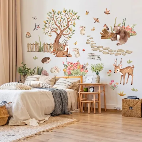 Cartoon Forest Animals Wall Stickers Tree Deer Bear Rabbit Hand Painted PVC Self Adhesive Decal For Kids Room Decor