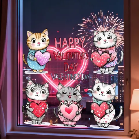 Autocollants de Fenêtre Statiques de la Saint-Valentin PVC Gnome Cœur Chat Rose Décalcomanies en Verre pour Décor