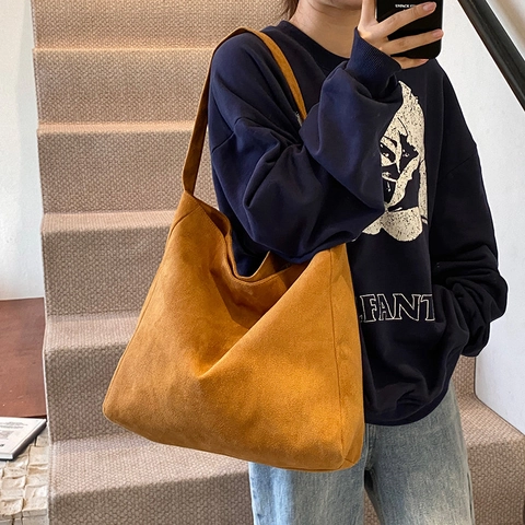 Minimalist Nubuck Large Capacity Tote Bag For Women Retro Frosted Shoulder Bag Urban Commute Hobo Handbag Solid Color Bag