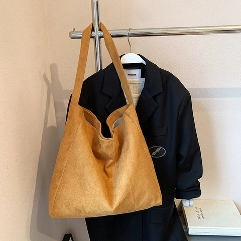 Women Suede Tote Bag Large Capacity Solid Color Minimalist Shoulder Bag Vintage Slouchy Hobo Bag For Casual Office Travel
