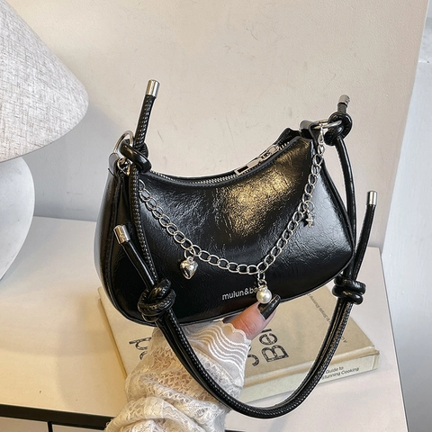 Women Glossy PU Leather Hobo Bag Metallic Underarm Shoulder Purse With Artificial Pearl Heart Star Charms Knotted Strap Chic