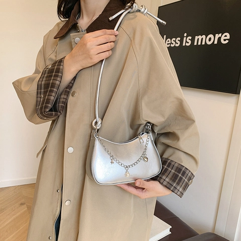 Women Glossy PU Leather Hobo Bag Metallic Underarm Shoulder Purse With Artificial Pearl Heart Star Charms Knotted Strap Chic