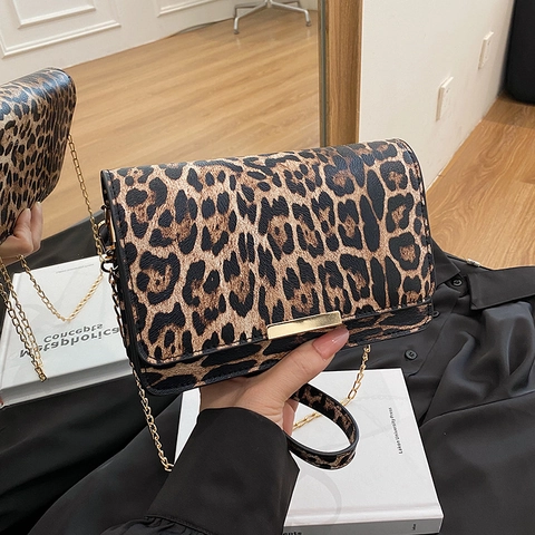 Bolso de Hombro de Cuero PU con Estampado de Leopardo para Mujer Retro Cadena de Oro Crossbody Bolso Cuadrado con Solapa