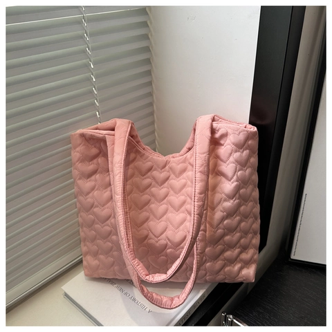 Damen Große Kapazität Herz Gesteppt Tote Bag Puffy Nylon Schultertasche Lässig Pendler Handtasche Herbst Winter Mode