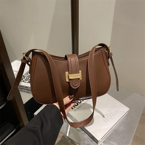 Women Retro Faux Leather Underarm Bag With Gold Metal Buckle Solid Color Commuter Shoulder Bag Elegant Lady Fashion Daily Hobo Bag