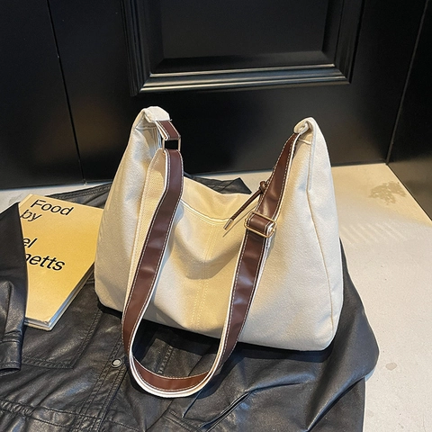 Vintage Minimalistische Canvas Wildleder Umhängetasche Große Kapazität Kontrastnähte Hobo Tote Für Damen Täglich Pendeln Büro Tasche