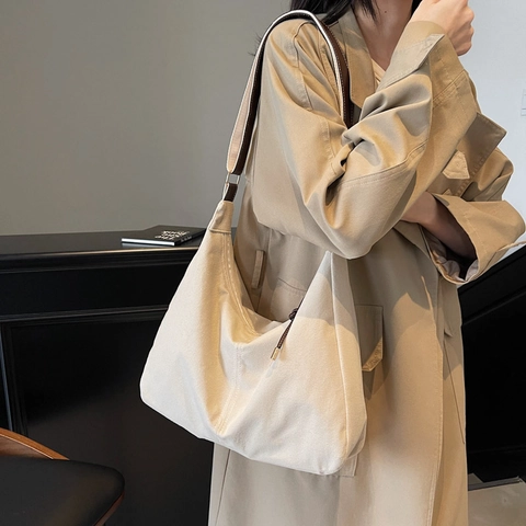 Vintage Minimalistische Canvas Wildleder Umhängetasche Große Kapazität Kontrastnähte Hobo Tote Für Damen Täglich Pendeln Büro Tasche