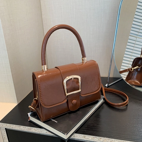 Bolso de Hombro de Cuero PU Vintage para Mujer Con Hebilla Dorada Bolso de Mano Cuadrado Pequeño Brillante Bolso Cruzado para Diario