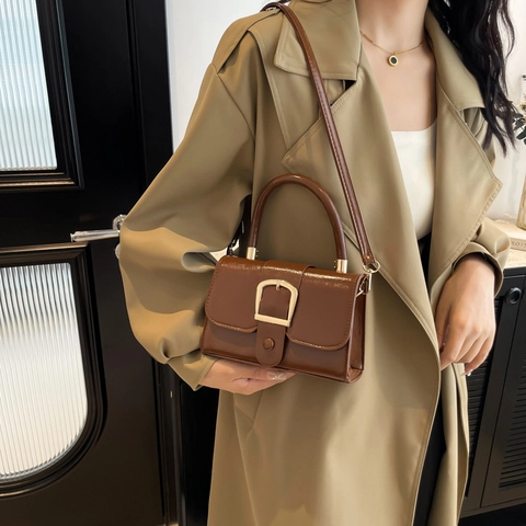 Bolso de Hombro de Cuero PU Vintage para Mujer Con Hebilla Dorada Bolso de Mano Cuadrado Pequeño Brillante Bolso Cruzado para Diario