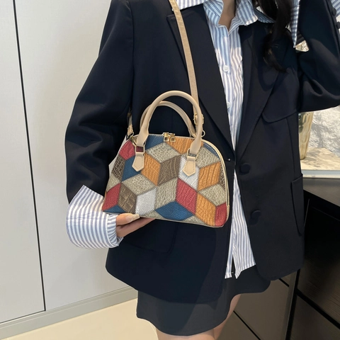 Bolso Concha de Moda para Mujer Bloque de Color Geométrico Costura Bolso de Mano Cuero PU Hombro Cruzado Dorado