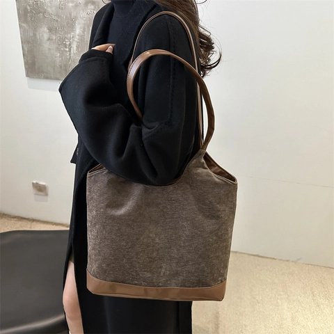 Minimalistische Cordsamt PU-Leder Patchwork Tote-Tasche Für Damen Große Kapazität Lässige Schultertasche Pendeln Shopping Handtasche