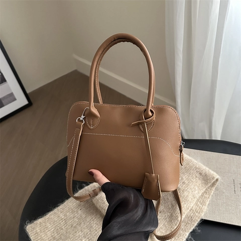Borsa a Mano a Conchiglia in Pelle PU Vintage per Donna Borsa a Tracolla Minimalista con Cuciture a Contrasto Pendolare