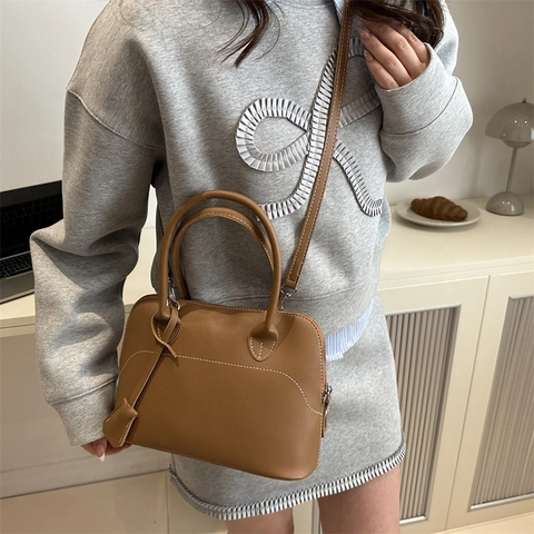Borsa a Mano a Conchiglia in Pelle PU Vintage per Donna Borsa a Tracolla Minimalista con Cuciture a Contrasto Pendolare