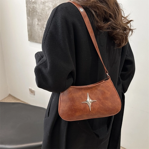 Borsa Sottobraccio in Pelle PU Vintage da Donna Con Decorazione Stella a Croce in Metallo Elegante Borsa a Tracolla Pendolare
