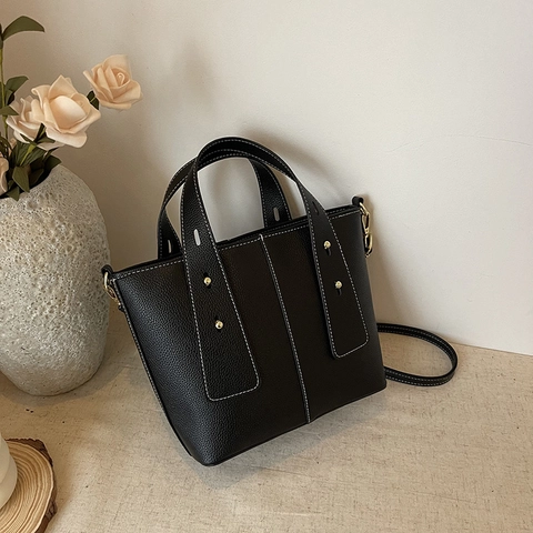 Damen Litschikorn PU Leder Schultertasche Kontrastnähte Große Kapazität Handtasche Casual Eimertasche Abnehmbarer Gurt Mode Tote