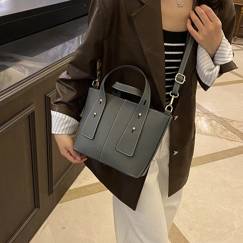 Damen Litschikorn PU Leder Schultertasche Kontrastnähte Große Kapazität Handtasche Casual Eimertasche Abnehmbarer Gurt Mode Tote