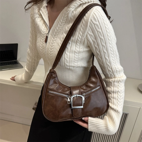 Vintage PU Leather Underarm Shoulder Bag For Women Metal Buckle Zipper Detail Retro Hobo Crossbody Bag Daily Fashion Handbag