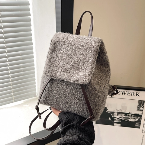 Zaino da Donna Mini in Peluche Effetto Lana di Agnello Retrò Piccola Borsa a Tracolla Autunno Inverno Pelliccia Sintetica Cachi Grigio Nero Borsa a Tracolla