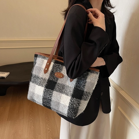 Damen Große Karierte Woll Tragetasche Vintage Tweed Schultertasche Mit Ledergriffen Winter Pendler Alltagstasche