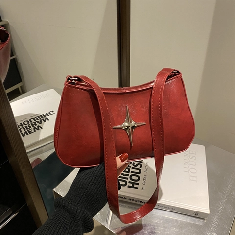 Women Vintage Nylon Underarm Bag With Star Metal Decor Minimalist Solid Color Shoulder Bag For Daily Commute Fashion Handbag