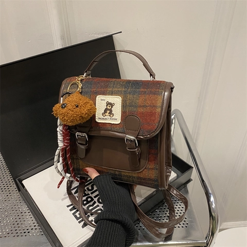 Mini Zaino Vintage A Quadri Preppy Donna Ragazze Pelle PU E Tessuto Scuola Viaggio Casual Con Ciondolo In Peluche