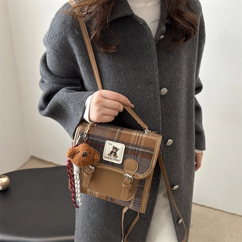Mini Zaino Vintage A Quadri Preppy Donna Ragazze Pelle PU E Tessuto Scuola Viaggio Casual Con Ciondolo In Peluche
