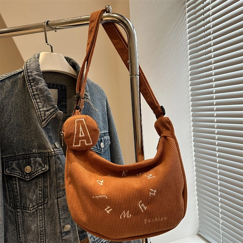Retro Corduroy Hobo Shoulder Bag For Women Large Capacity Letter Embroidery Tote Bag With Round Coin Purse Pendant