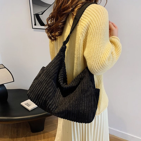 Women Corduroy Large Capacity Tote Bag Solid Color Minimalist Shoulder Bag Winter Commuter Crossbody Bag Versatile Hobo Bag