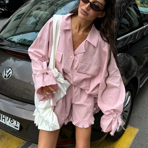 Women Casual Cotton Blend Lapel Long Sleeve Cardigan Top And Ruffle Shorts Pink Solid Color Relaxed Holiday Clothing