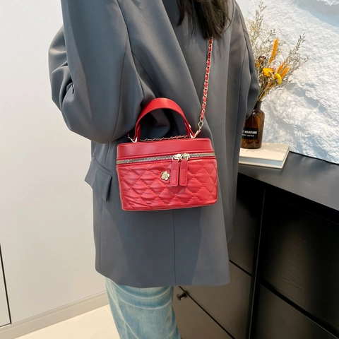Mini Vanity Case Bag Women Quilted PU Leather Lattice Pattern Gold Camellia Flower Chain Strap Crossbody Shoulder Handbag