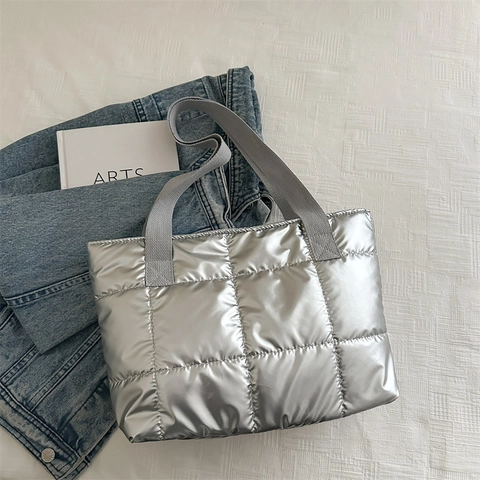 Borsa Tote Trapuntata In Nylon Imbottito Metallico Lucido Grande Capacità Borsa A Tracolla Donna Casual Street Style