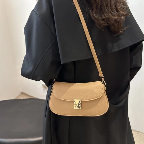 Bolso de Hombro de Cuero PU Minimalista Urbano Para Mujer Bolso Cruzado de Moda Color Sólido Con Cierre Dorado Bolso de Mano