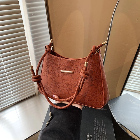 Women Lace Embossed Underarm Bag PU Leather Knotted Shoulder Strap Minimalist Commuter Retro Chic Fashion Handbag