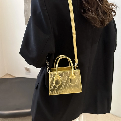 Metallisch Gesteppte Mini Quadratische Tasche Für Damen Modische Glänzende Oberfläche Handtasche Verstellbarer Schultergurt Umhängetasche