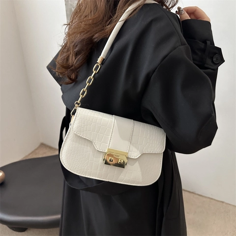 Vintage Crocodile Pattern PU Leather Underarm Bag For Women Elegant Small Square Shoulder Bag With Gold Metal Lock Chain Strap